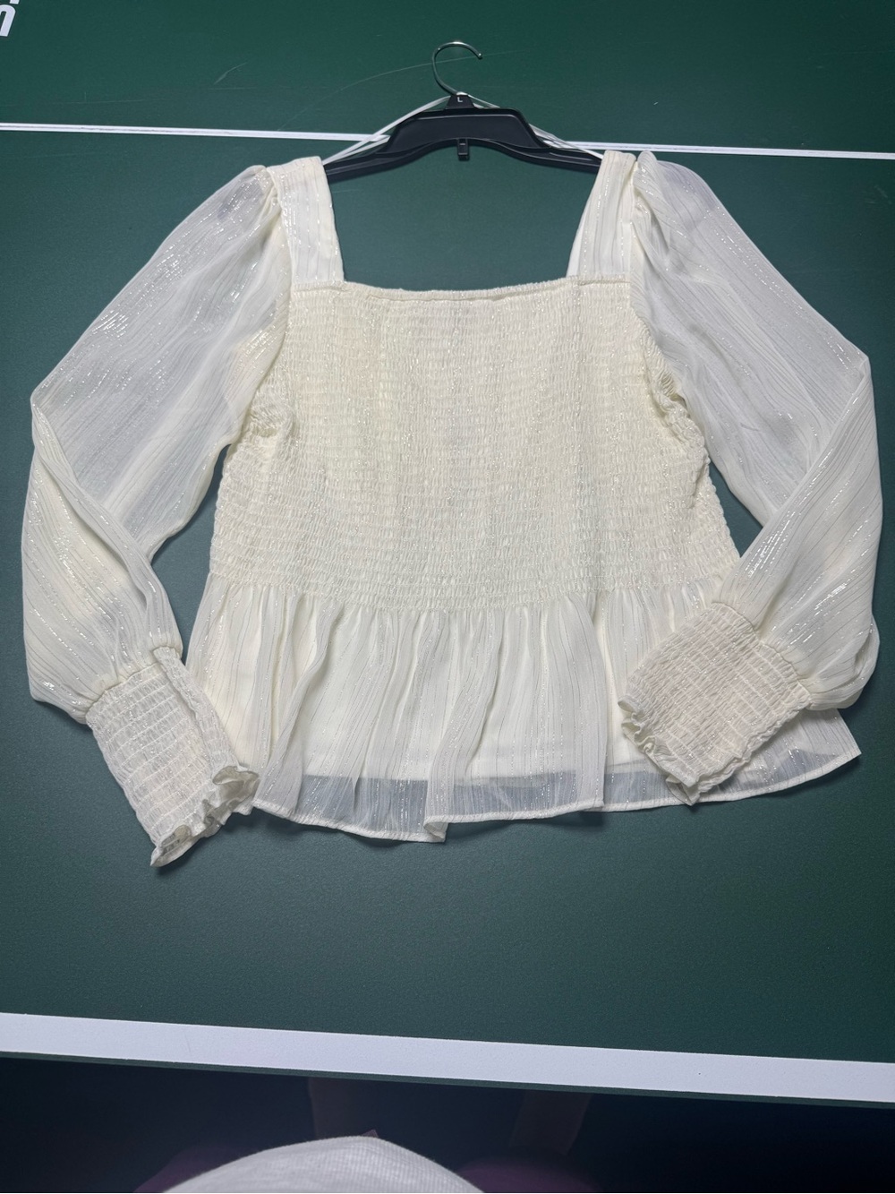 Nine West Ivory Sheer-Sleeve Smocked Peplum Blouse
